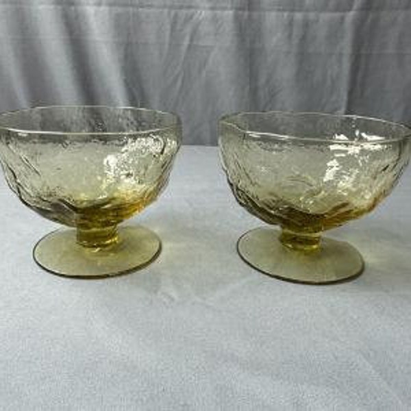 Vintage Set of 2 Crinkle Yellow Glass Sherbet Dessert Glasses Pedestal