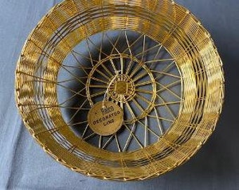 Vintage Halco Decorator Line Round Gold Metal Woven Basket for Wall Table Top Round 8" x 2 1/4"