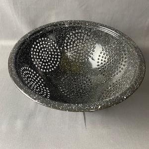 Vintage Speckled Enamel Black Metal Colander 4 1/2&quot; x 9 1/2&quot;