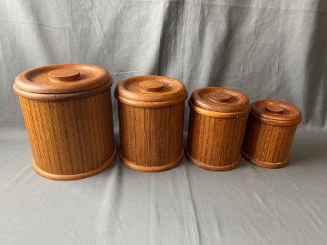Vintage Set of 4 Wooden Canister Set Jars with Lids Farmhouse Etsy