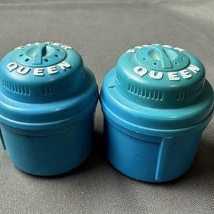 Vintage Filter Queen Blue Round Plastic Salt and Pepper Shakers 2&quot; high
