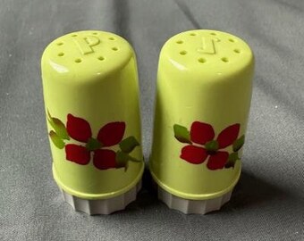 Vintage Round Green with Floral Design Miniature Plastic Salt and Pepper Shakers 2" high