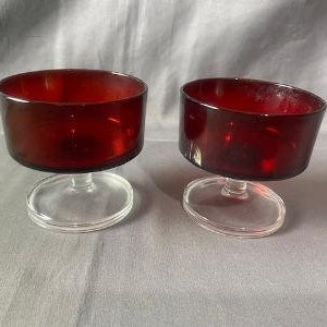 Vintage Set of 2 Ruby Red Depression Glass Sherbet Dessert Glasses Pedestal