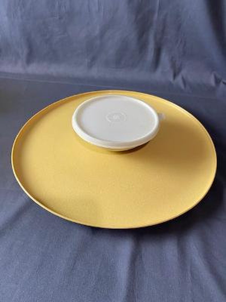 Vintage Tupperware Chip and Dip Yellow Platter Serving Dish with Bowl and Lid 14 diameter