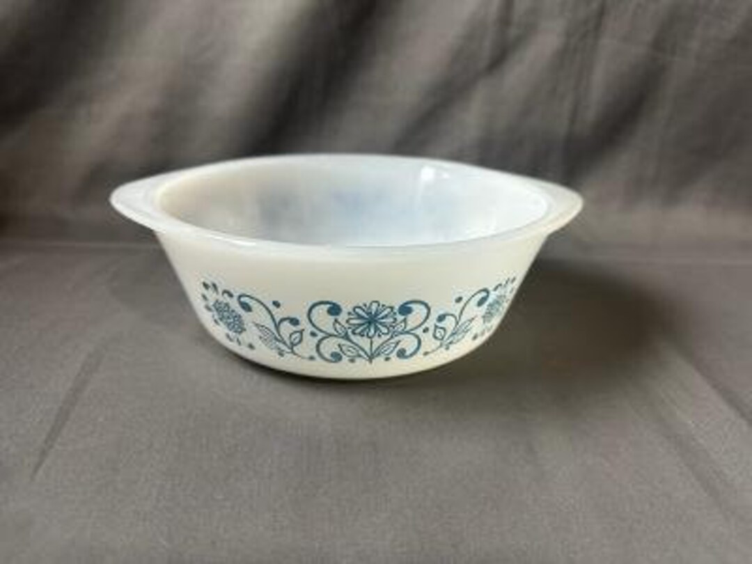Vintage Glasbake Round Milk Glass Casserole Dish Blue Floral Scroll 1