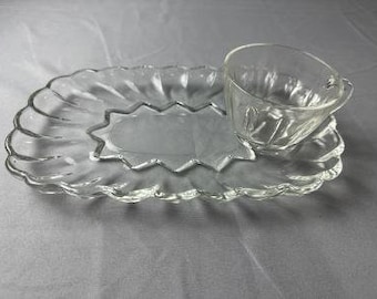 Vintage Anchor Hocking Clear Glass Luncheon Snack High Tea Set with Plate and Tea Cup