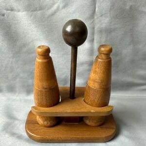 Vintage MCM Wooden Salt and Pepper Shakers with Stand Pull Top 4&quot; High