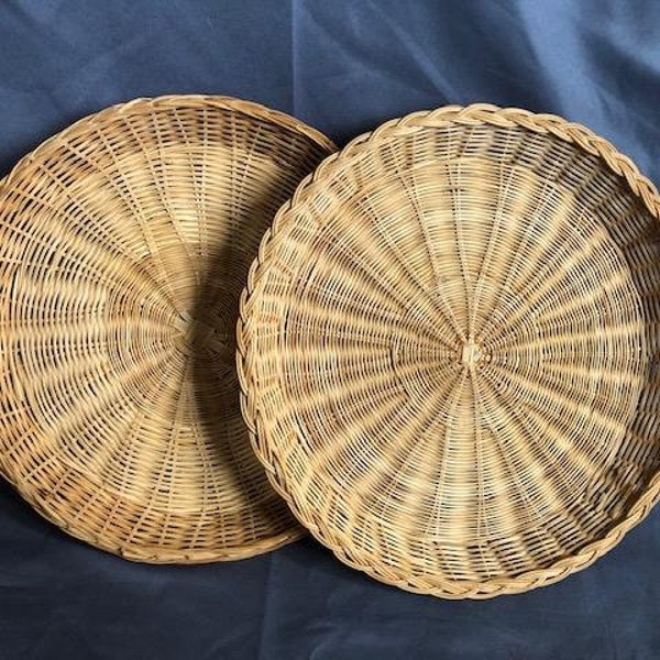 Vintage Set of 2 Flat Round Tan Wicker Woven Baskets for Wall Table Top Wicker Plate Holder Bohemian Boho Farmhouse Home Decor 9 3/4"
