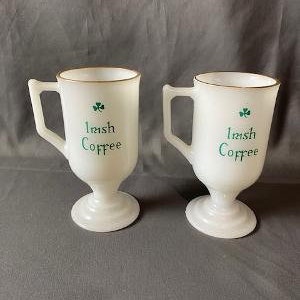 Vintage Set of 2 Irish Coffee Glasses Milk Glass Gold Rimmed Cocktail Cups Glassware Barware with Shamrock Design