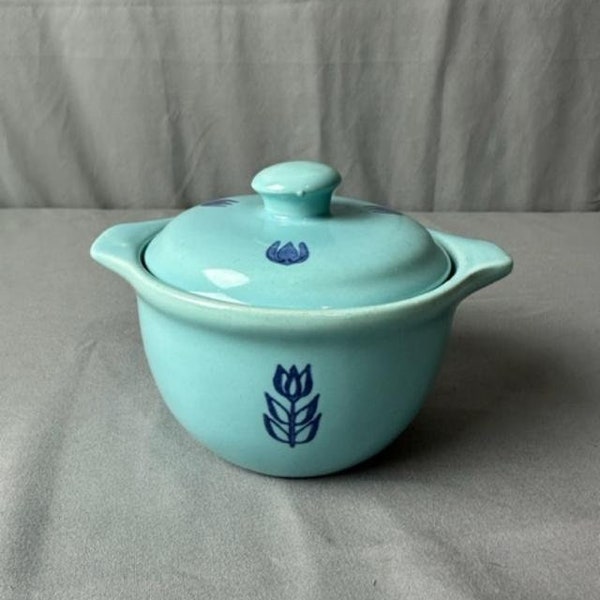 Vintage Cronin Blue Tulip Design Sugar Bowl Bake Oven USA 4" x 2 1/2"