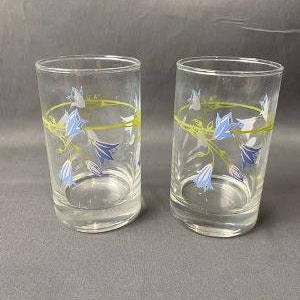Vintage Juice Glasses Glass Cup Set of 2 Blue Flowers Design 4 oz