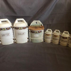 Vintage Porcelain Canisters Spice Containers with Floral Design Coffee Sugar Salt Nutmeg Cloves Cinnamon Ginger Germany