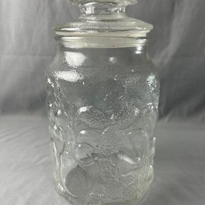 Vintage Glass Fruit Themed Clear Jar approx 10&quot; High x 5&quot; Diameter