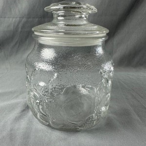Vintage Glass Fruit Themed Clear Jar approx 7&quot; High x 5&quot; Diameter