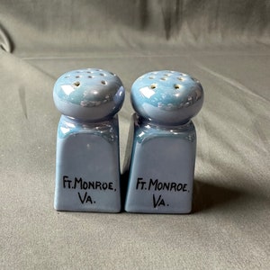 Vintage Blue Lusterware Salt and Pepper Shakers Ceramic Ft Monroe VA Souvenir 2 3/4&quot; High Made in Japan