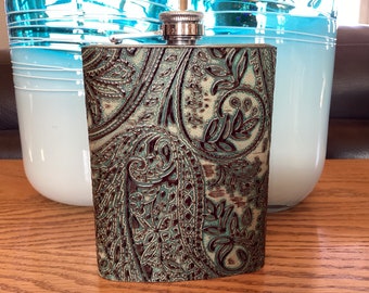 Flask - 8 0z. Stainless Steel Hip Flask wrapped in Embossed Leather (Turquoise & Brown Paisley)