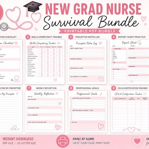 Könnte beinhalten: Ein 10-seitiges, druckbares PDF-Paket für neue Pflegekräfte in Rosa und Weiß. Das Set enthält eine Orientierungs-Checkliste, einen Kompetenz-Tracker, ein Logbuch für Anleiternotizen, Berichtsblätter, Medikamenten-Spickzettel und weitere Vorlagen.