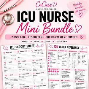 Könnte beinhalten: Ein digitales ICU-Pflege-Set mit zwei druckbaren Blättern: einem ICU-Berichtsblatt und einem ICU-Kurzreferenzleitfaden. Die Dokumente sind weiß mit rosa Text und Symbolen und enthalten Abschnitte für Patienteninformationen, Vitalwerte und klinische Daten.