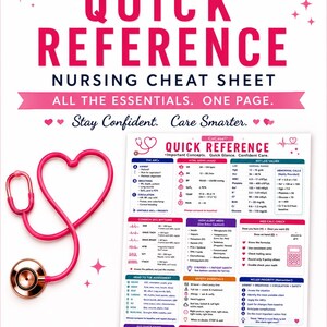 May include: A pink stethoscope and a white nursing cheat sheet with the text Quick Reference, Nursing Cheat Sheet, All the Essentials. One Page. Stay Confident. Care Smarter. The sheet includes medical data, vital signs, and assessment guides.