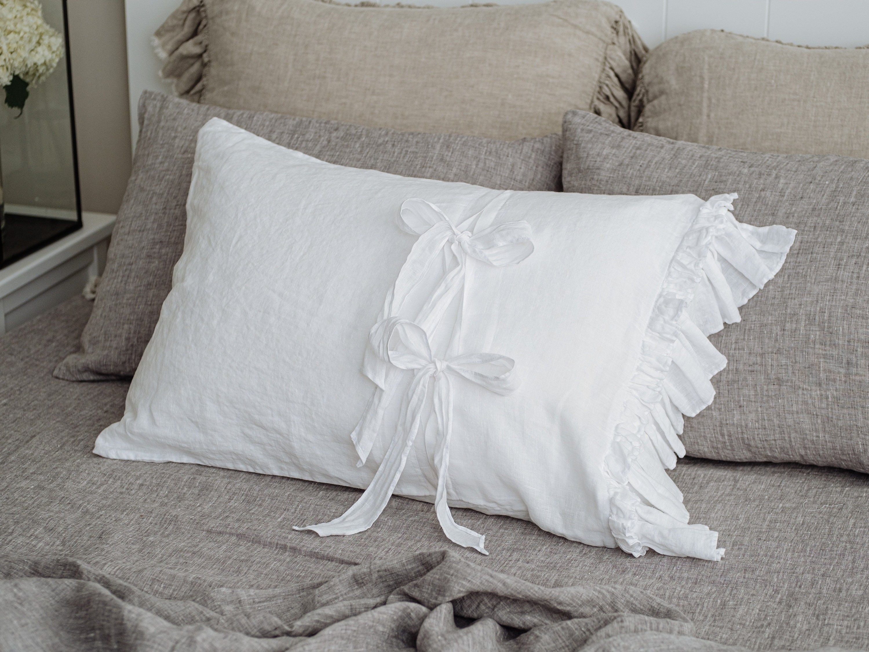 Linen Bows & Ruffles Vintage pillowcases. Fancy Shabby Chic Etsy