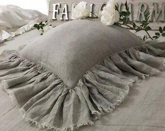 Rustic With Super Dense Ruffles FarmCharm 100% Linen Frayed Ruffle Pillow Cover Farmhouse Shabby Chic
