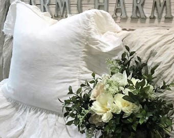 Rustic FarmCharm 100% Linen Frayed Ruffle Pillow Cover Farmhouse Shabby Chic