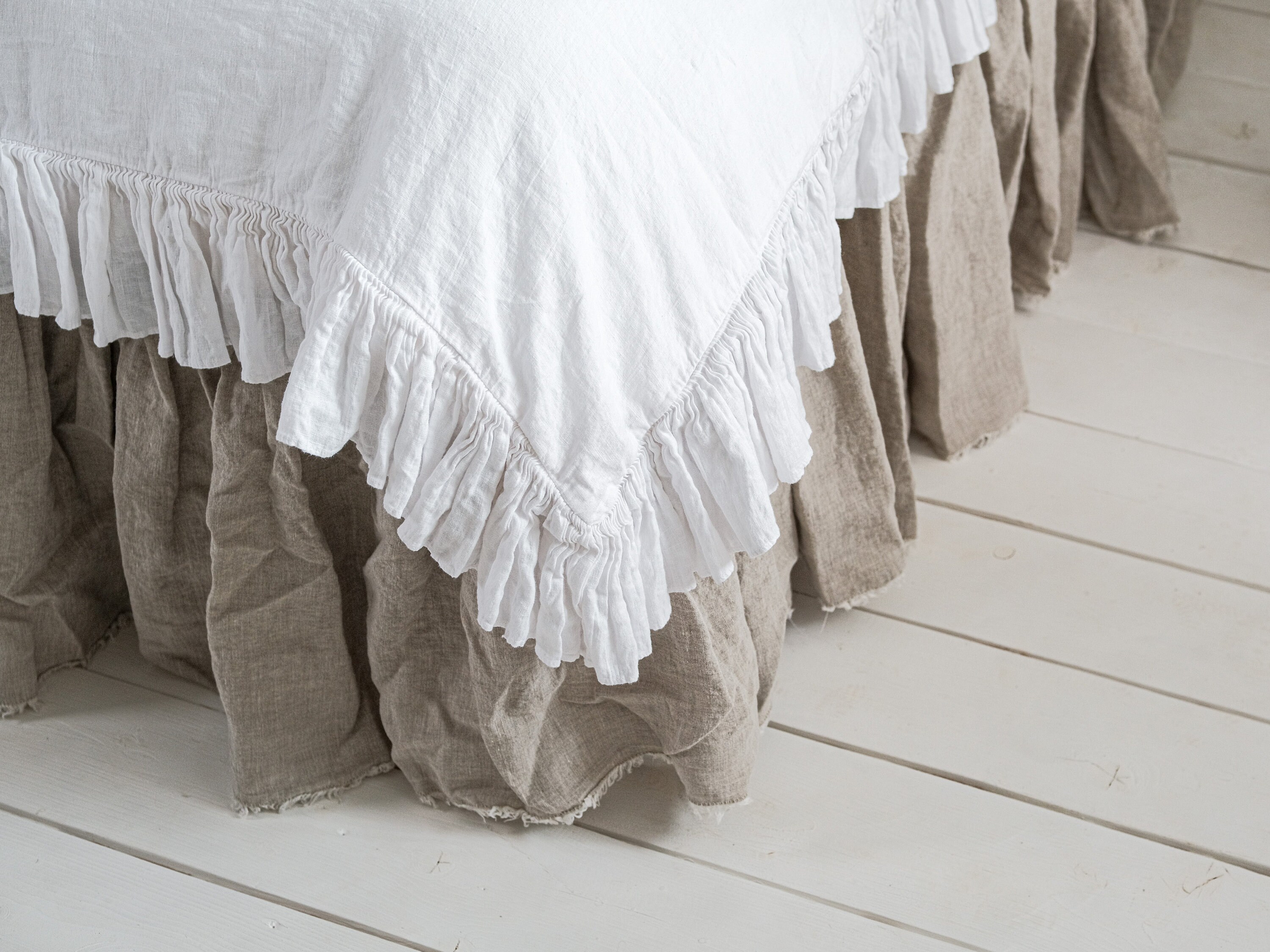 Linen Bed skirt with a frayed edge in farmhouse style. Shabby Etsy