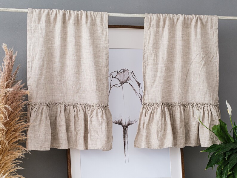 Linen kitchen cafe curtains set of 2. Ruffle farmhouse Etsy