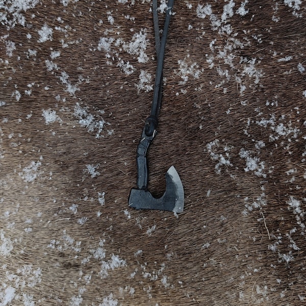 Hand forged viking bearded axe pendant, with high quality elk leather string included.