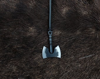 Hand Forged Steel Axe Necklace: Barbarian Pendant with Elk Leather