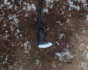 Hand Forged Bearded Axe Head Pendant - Viking Style Elk Leather Necklace