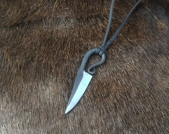 Hand forged woman's knife pendant, with high quality elk leather string.