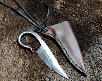 Hand Forged Viking Finger Knife with Leather Sheath to be on the Neck
