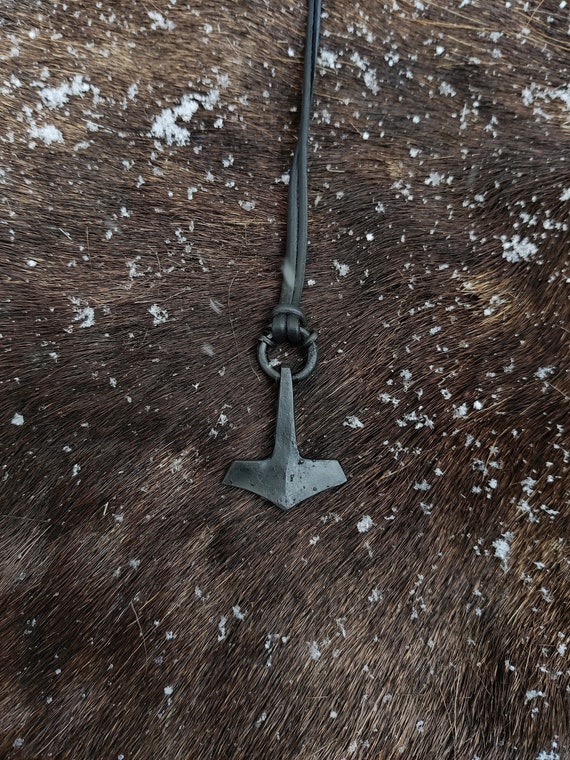 Hand-Forged Mjolnir Necklace: Viking Thor's Hammer Pendant with Elk Leather