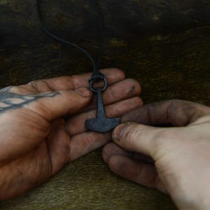 Hand Forged Mjolnir Necklace: Thor's Hammer with Elk Leather String image 4