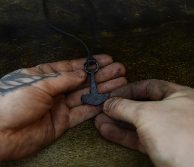 Hand Forged Mjolnir Necklace: Thor's Hammer with Elk Leather String image 4