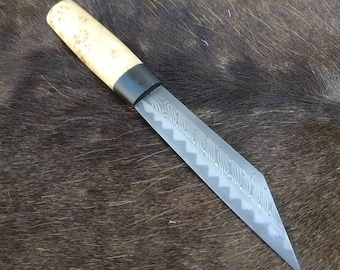 Hand forged Viking style, Wolfs tooth damascus steel seax with sheath.