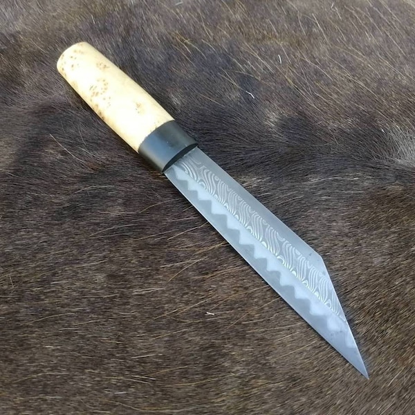 Hand forged Viking style, Wolfs tooth damascus steel seax with sheath.
