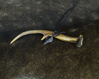 Hand Forged Steel Leaf Necklace, Moose Leather String, Nature Inspired Pendant