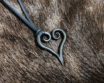 Hand Forged Heart Pendant: Blackened Iron with Elk Leather String