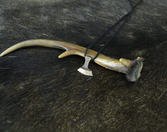 Bronze Viking Axe Necklace – Bearded Axe Pendant, comes with elk leather string.