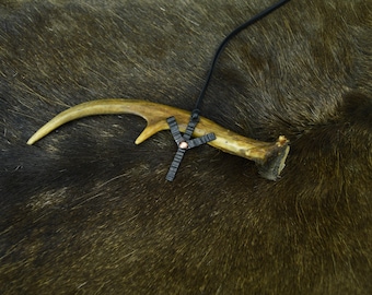 Hand Forged Algiz Rune Pendant: Steel & Moose Leather Necklace