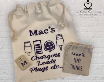 Personalised Bag Tidy for Charges, Leads, cables and Tiny Things Bag, Travel, Organising