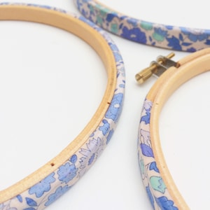 Medium Embroidery Hoop. Covered with - Blue D&#39;Ajio D - Tana Lawn Fabric. Pretty Hand Covered Embroidery Hoops.