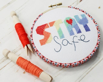 Stay Safe. Rainbow, Cross Stitch Wall Hanging Kit.  5 inch Embroidery Hoop Wall Hanging Kit