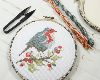 Petirrojo navideño. Kit para tapiz de pared en punto de cruz