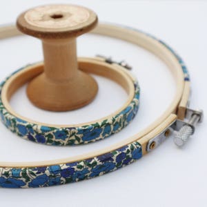 Medium Petal & Bud, Blue, liberty fabric covered hoop. Coloured Embroidery hoop.  6 inch - 9 inch Embroidery Hoops