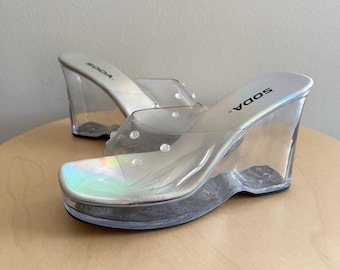 Vintage Y2K Soda Clear Acrylic Wedge Heels Size 7 Holographic Rhinestones