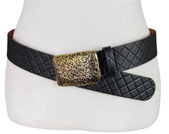 Vintage Streets Ahead Quilted Leather Statement Belt Gold Buckle Size Small USA