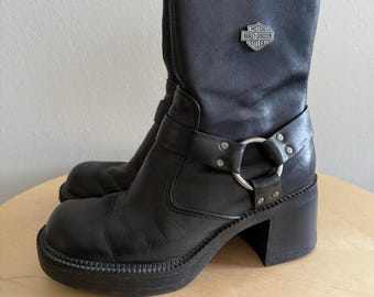 Vintage Harley-Davidson Pavement Harness Chunky Heel Moto Boots Size 5.5 Leather